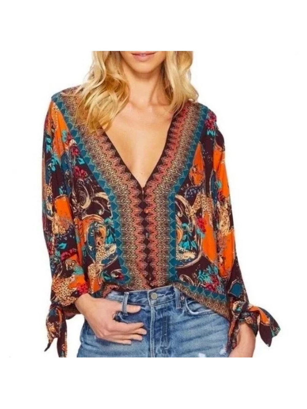 Free People If You Can Top Multicolor Boho V-Neck Blouse in Orange and Teal